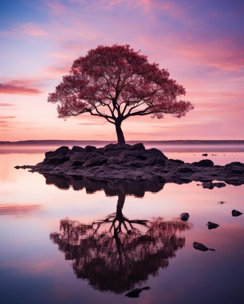 un albero solitario su una roccia in mezzo a un lago al tramonto