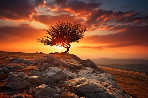 Un albero solitario sulla cima di una collina sullo sfondo del sole al tramonto