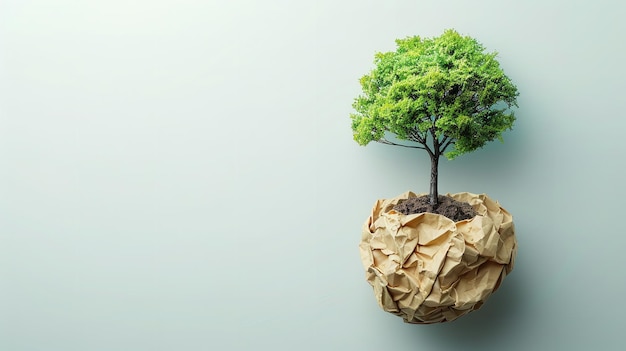 Un albero sta crescendo da una palla di carta con una vista dall'alto e un grande spazio vuoto per il testo un concetto di salvare alberi salvare l'ambiente AI generativa