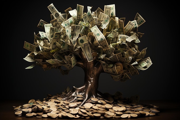 un albero stilizzato con simboli di valuta come foglie che trasmette l'idea di crescita finanziaria e ricchezza accumulata nel tempo tecnologia aziendale investimento banca concetto di commercio