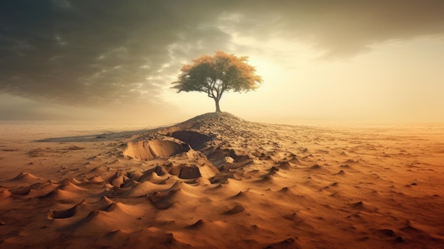 Un albero su un deserto con il sole che splende su di esso