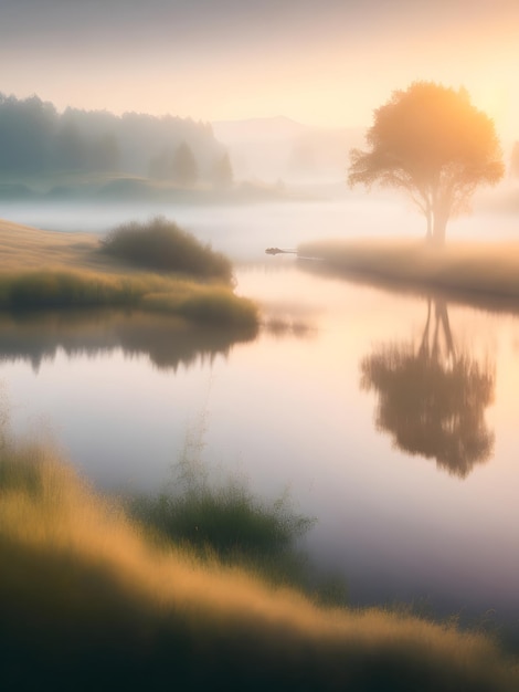 Un albero su un lago con il sole che tramonta dietro di esso