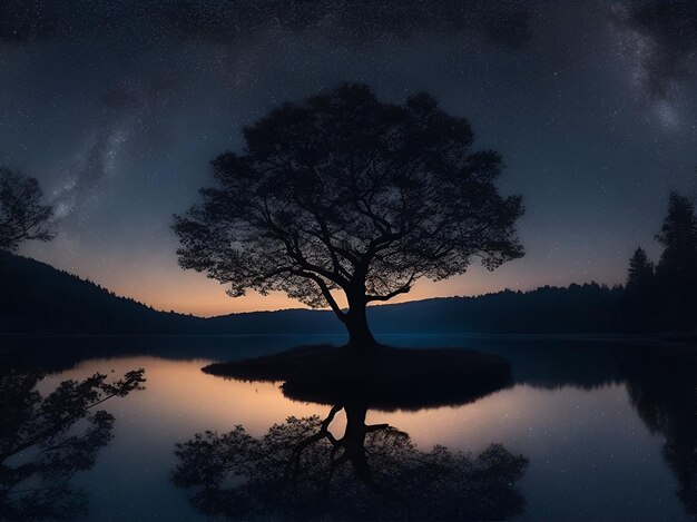 Un albero su un lago di notte con un cielo meraviglioso