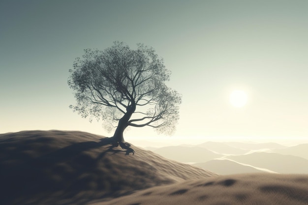 Un albero su una collina con il sole che splende su di esso