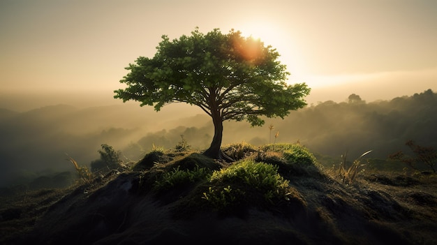 Un albero su una collina con il sole che tramonta dietro di esso