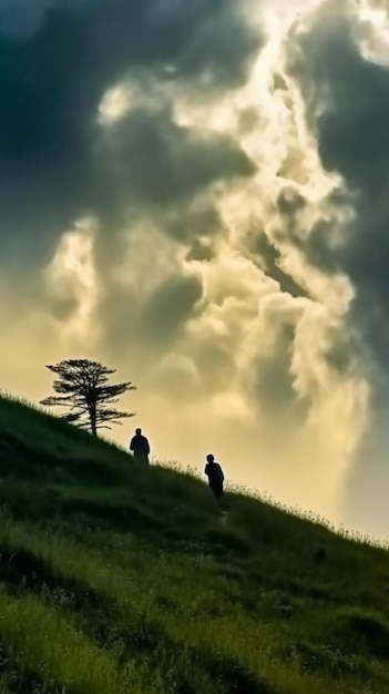 Un albero su una collina con un cielo nuvoloso sullo sfondo