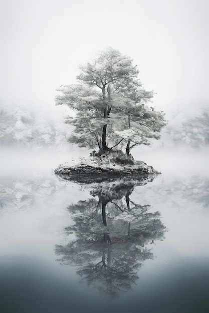 Un albero su una piccola isola con il riflesso dell'acqua.