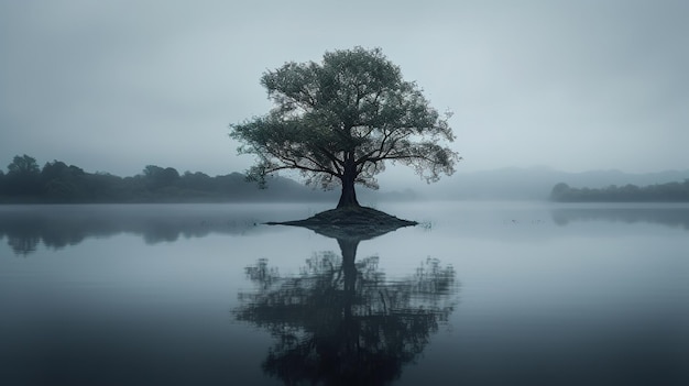 Un albero su una piccola isola in un lago con sopra la parola albero