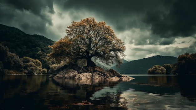 Un albero su una piccola isola nel lago