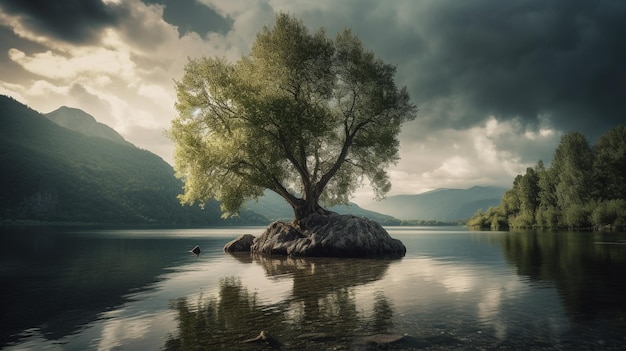 Un albero su una roccia in un lago