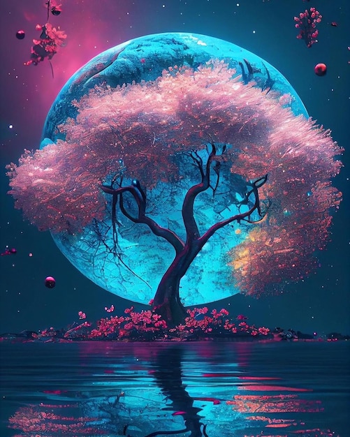 Un albero sull'acqua con la luna sullo sfondo