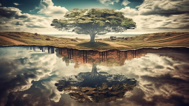 Un albero sull'acqua con un riflesso del cielo