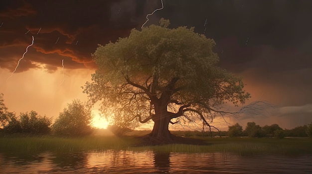 Un albero sull'acqua con una tempesta sullo sfondo