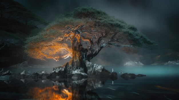 Un albero sull'acqua con uno sfondo scuro