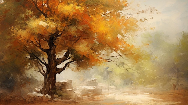 Un albero sullo sfondo di una foresta in stile impressionista