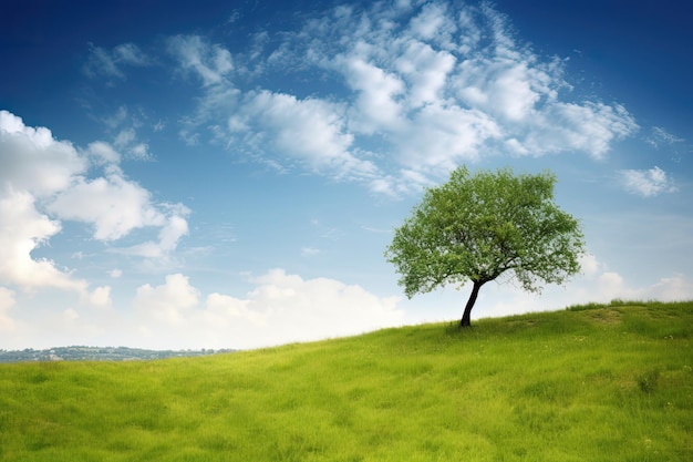 Un albero verde su una collina con un cielo blu e nuvole sullo sfondo.