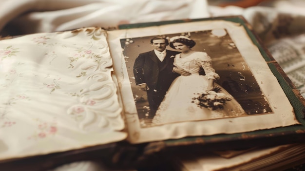 Un album fotografico vintage aperto alla pagina dell'anniversario di matrimonio di una coppia