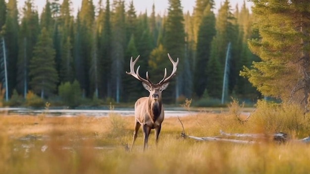 Un alce in un campo con una foresta sullo sfondo