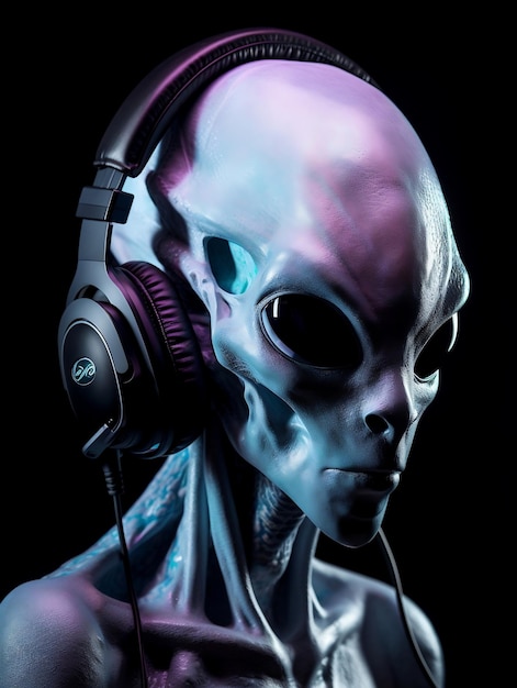 Un alieno che indossa le cuffie su uno sfondo nero