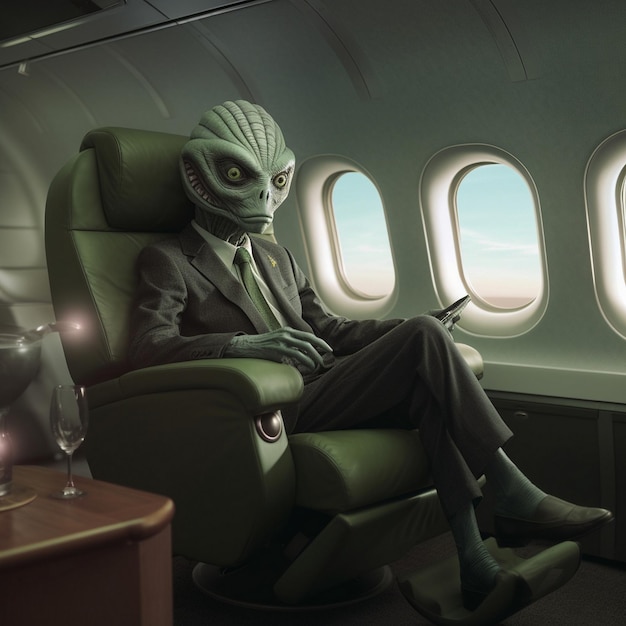 un alieno su una sedia con un bicchiere sul lato