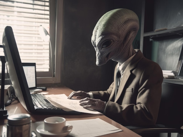 Un alieno vestito da uomo d'affari seduto su una scrivania all'interno di un ufficio