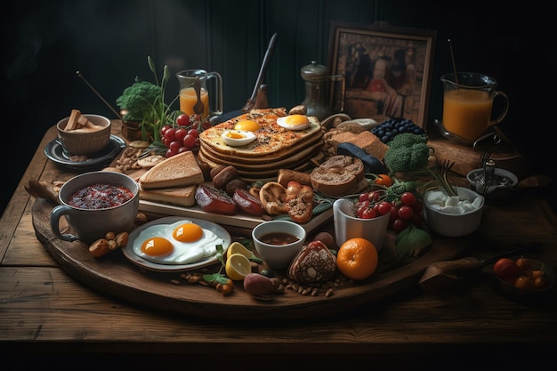 Un alimento per la colazione da tavola che include uova, pane tostato e frutta