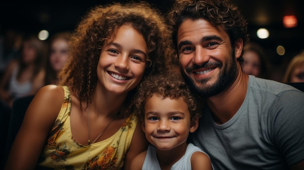 Un'allegra famiglia multirazziale che guarda un film in un cinema. Padre, madre e figlio trascorrono il fine settimana insieme. Genitori felici e sorridenti e bambino che si godono la comunicazione e il tempo libero condiviso.