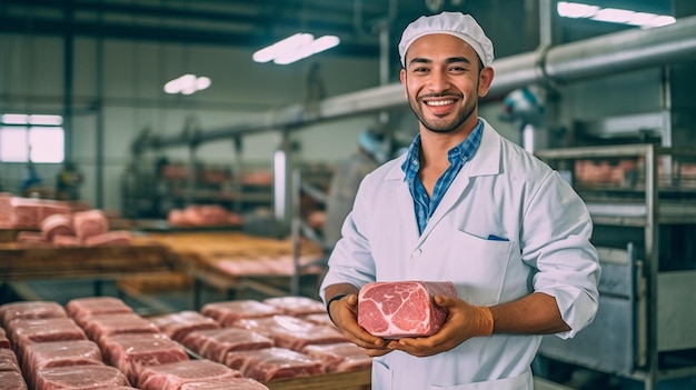 Un'allegra lavoratrice dell'industria della carne si trova nella struttura mentre carica la carne in un pacco Generative AI