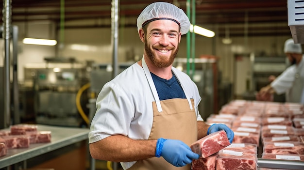 Un'allegra lavoratrice dell'industria della carne si trova nella struttura mentre carica la carne in un pacco Generative AI