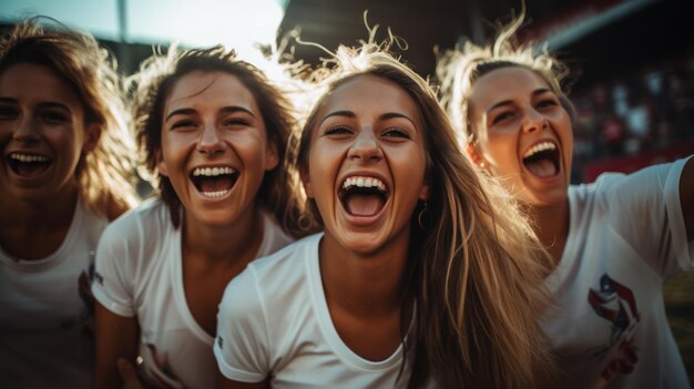 Un'allegra squadra di calcio femminile festeggia la vittoria e prosegue con le compagne che gridano di gioia nello stadio