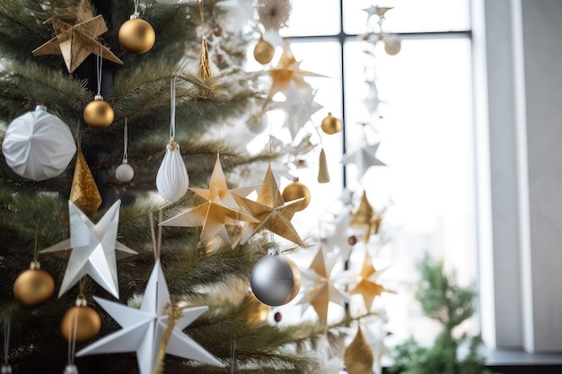 Un allegro albero bianco decorato con ornamenti d'oro e d'argento sormontato da una stella