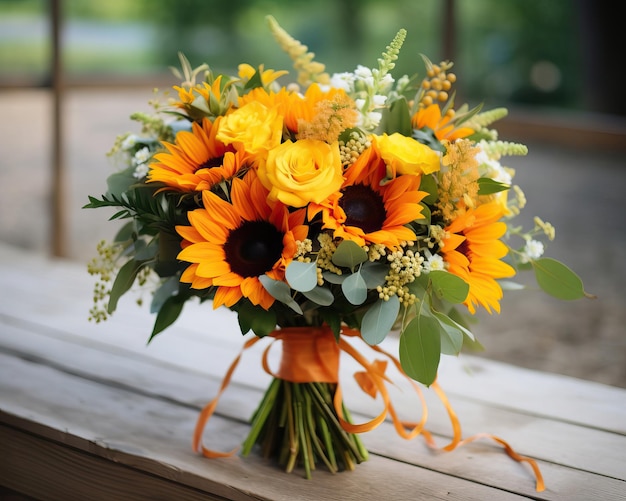 Un allegro bouquet con un'esplosione di girasoli gialli vivaci margherite arancione