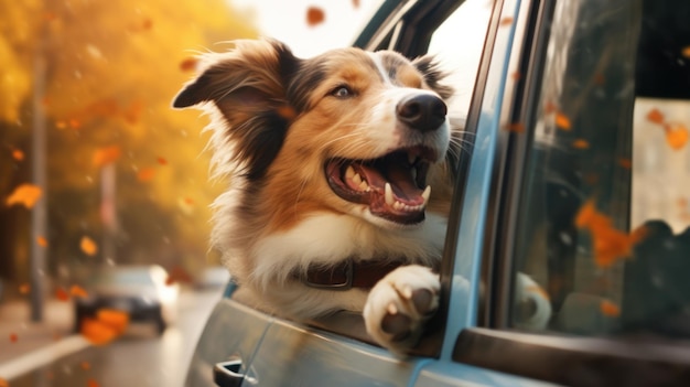 Un allegro cane si sporge dal finestrino di un'auto catturando l'emozione e la gioia di un divertente e avventuroso viaggio su strada con il suo amico peloso