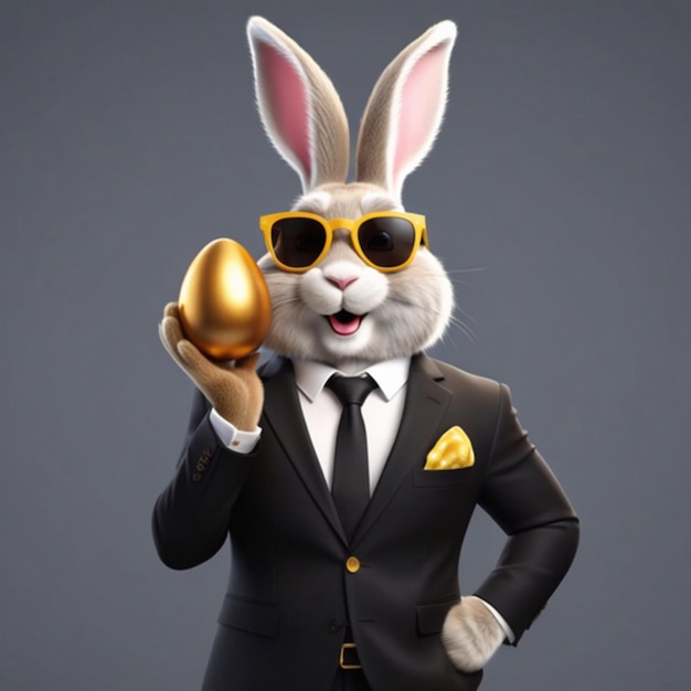 Un allegro coniglietto di Pasqua in un classico abito nero e occhiali da sole tiene un uovo d'oro nella zampa