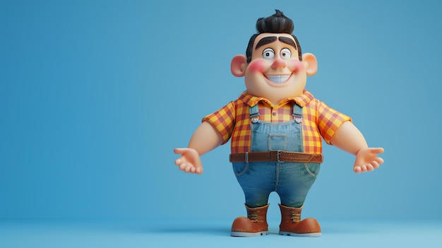 Un allegro contadino dei cartoni animati con una camicia a scacchi e jeans blu in dungarees rendering 3D