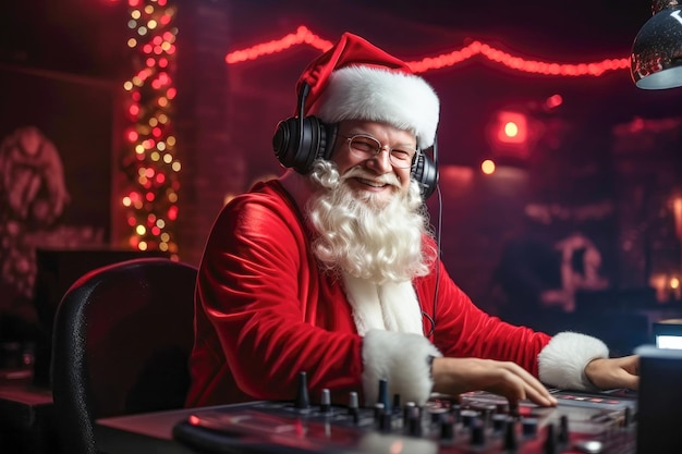 Un allegro disc jockey vestito da Babbo Natale lavora al mixer controller accompagnamento musicale alla festa di Natale AI generativa