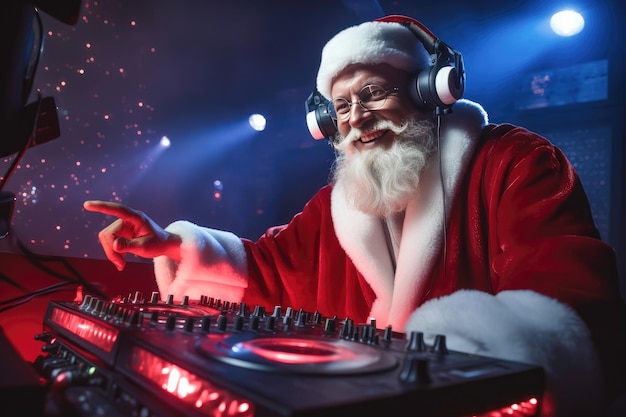 Un allegro disc jockey vestito da Babbo Natale lavora in un mixer controller in un nightclub a una festa di Natale