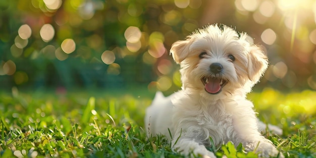 Un allegro e felice cucciolo di colore crema sta giocando sull'erba e sta rilasciando risate di lingua