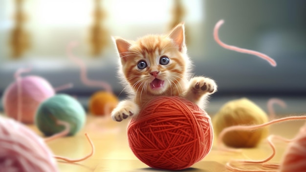 Un allegro gattino che batte un gomitolo di lana generato dall'intelligenza artificiale