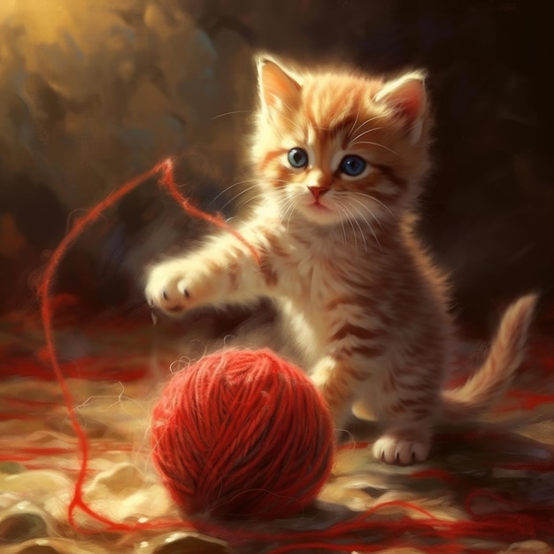 Un allegro gattino che batte un gomitolo di lana generato dall'intelligenza artificiale