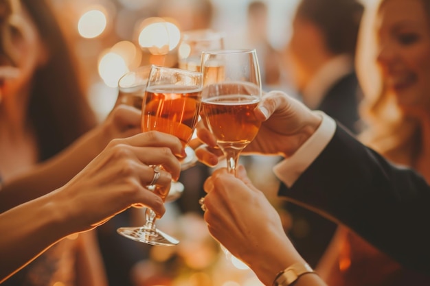 Un allegro gruppo di amici che alzano i loro bicchieri di vino per festeggiare e brindare insieme Gli ospiti che suonano i bicchieri ad un elegante cocktail di ricezione nuziale