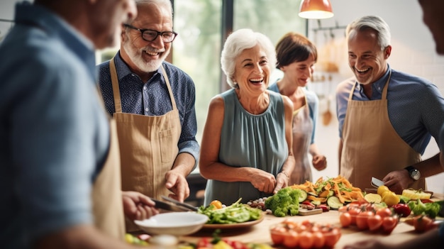 Un allegro gruppo di amici in pensione condivide un'esperienza di cucina, risate e storie mentre preparano insieme un pasto gourmet