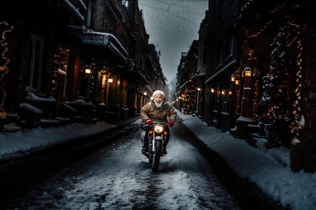 Un allegro vecchio che indossa un cappello da Babbo Natale guida una moto lungo una strada cittadina di notte correndo per augurarti un Buon Natale Generazione AI