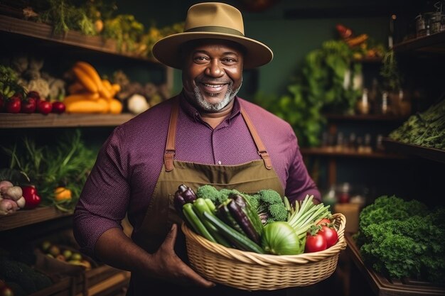Un allegro venditore africano con un grembiule e un cappello tiene in mano un cesto di verdure fresche e erbe