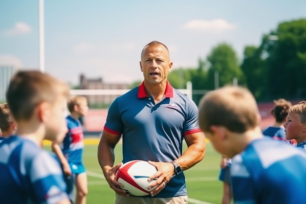 Un allenatore di rugby esperto conduce l'allenamento per gli atleti junior allo stadio