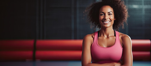 Un allenatore fiducioso in abiti sportivi una giovane donna afroamericana felice che si prepara per l'allenamento