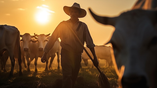 Un allevatore di bestiame al crepuscolo un ritratto della vita agricola generativa ai