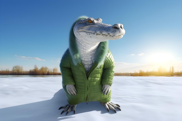 Un alligatore verde che indossa una giacca verde siede nella neve.