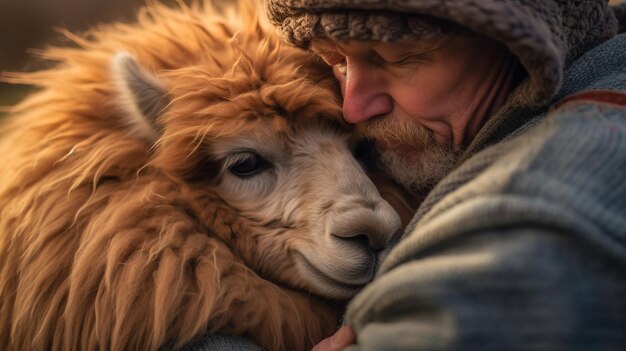 Un alpaca amichevole che si coccola con il suo proprietario generato dall'intelligenza artificiale