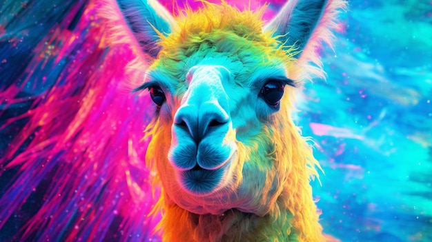 Un alpaca colorato con uno sfondo arcobaleno